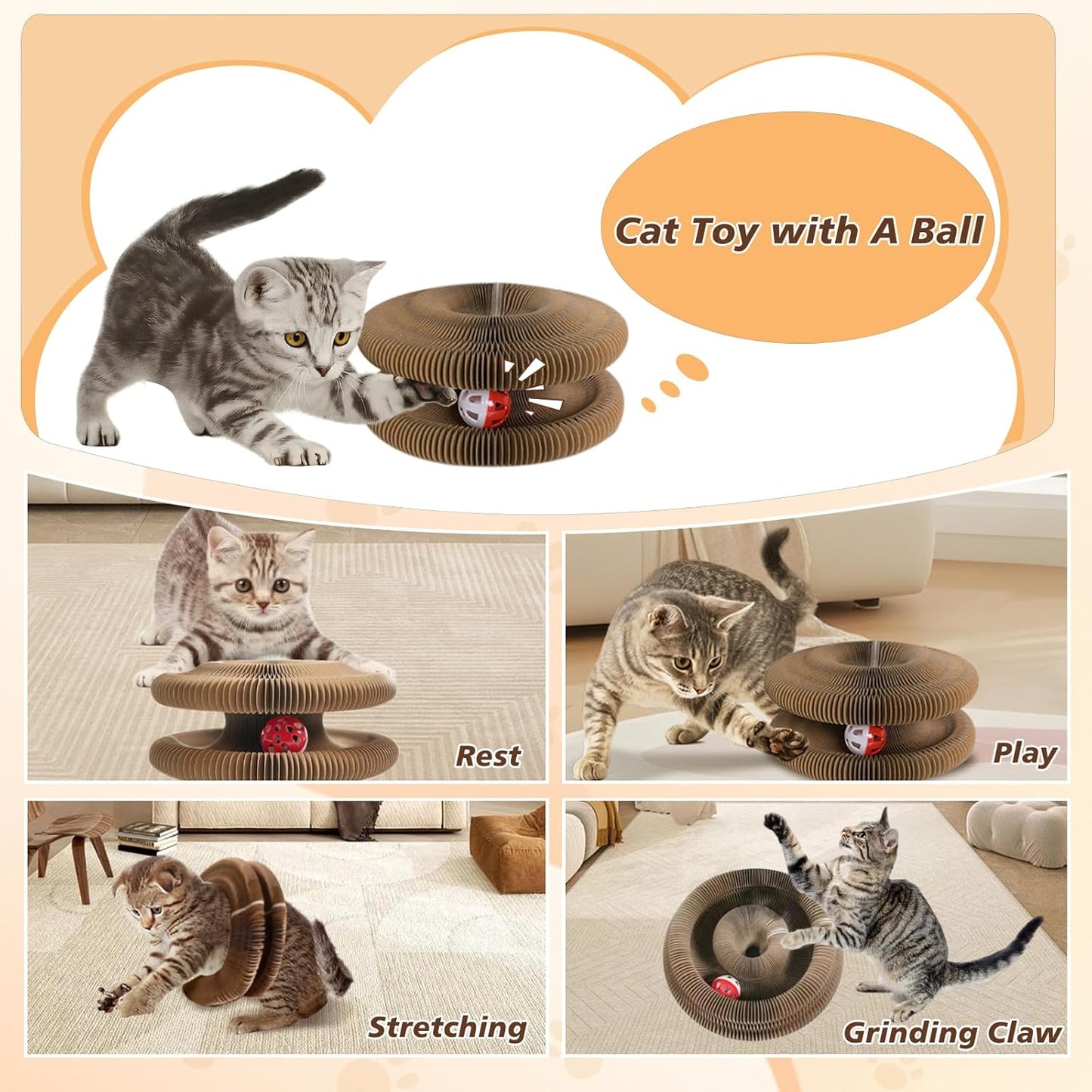 Foldable Cat Scratcher with Bell & Catnip - Multi-Level Cardboard Toy for Kittens, Durable Claw Sharpener